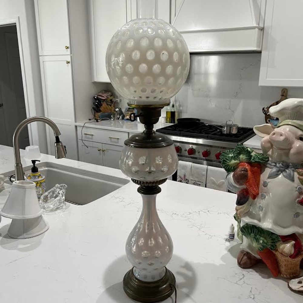 Fenton Glass:  white coin lamp